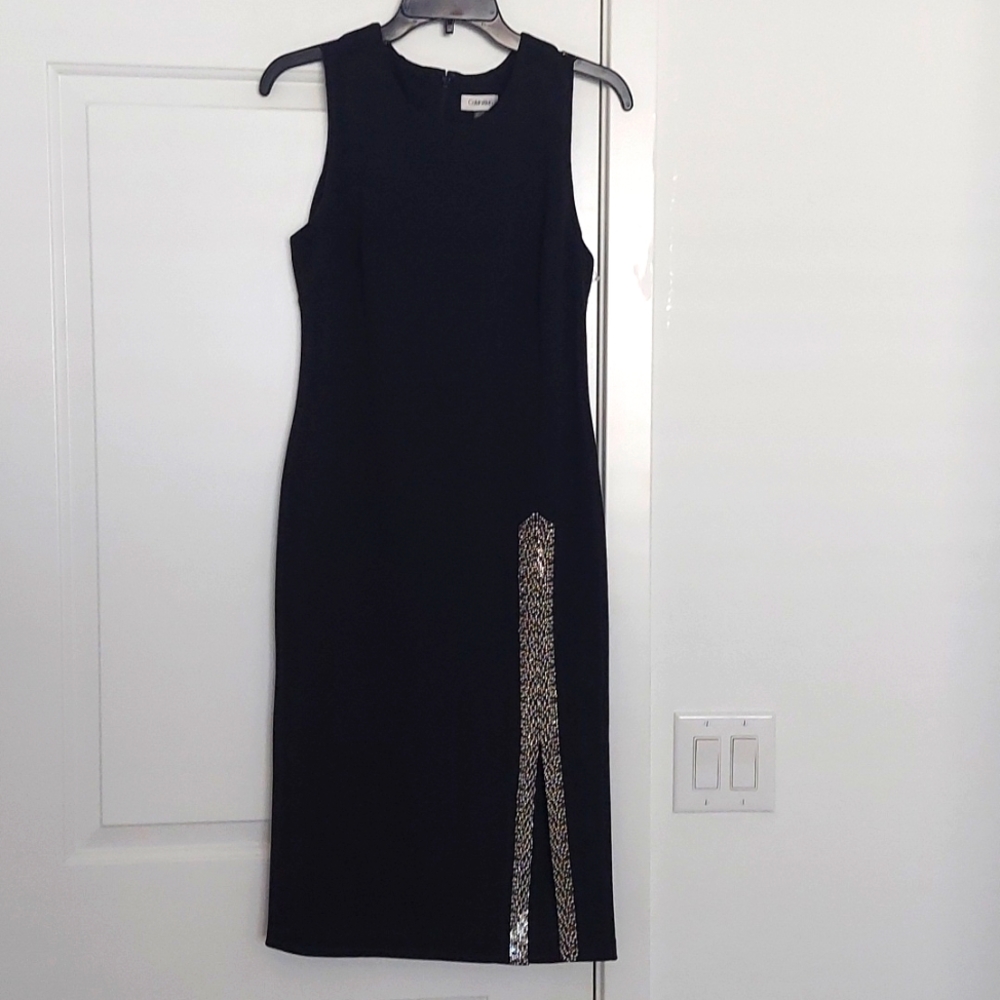 Calvin Klein Sleeveless Sheath Dress with Embellished Slit Black Size 8